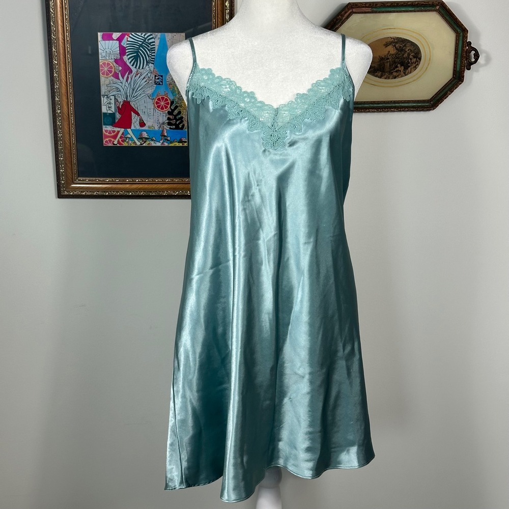 Linea Donatella Dusty Blue Satin Slip Dress Lace Neckline - SIZE XL